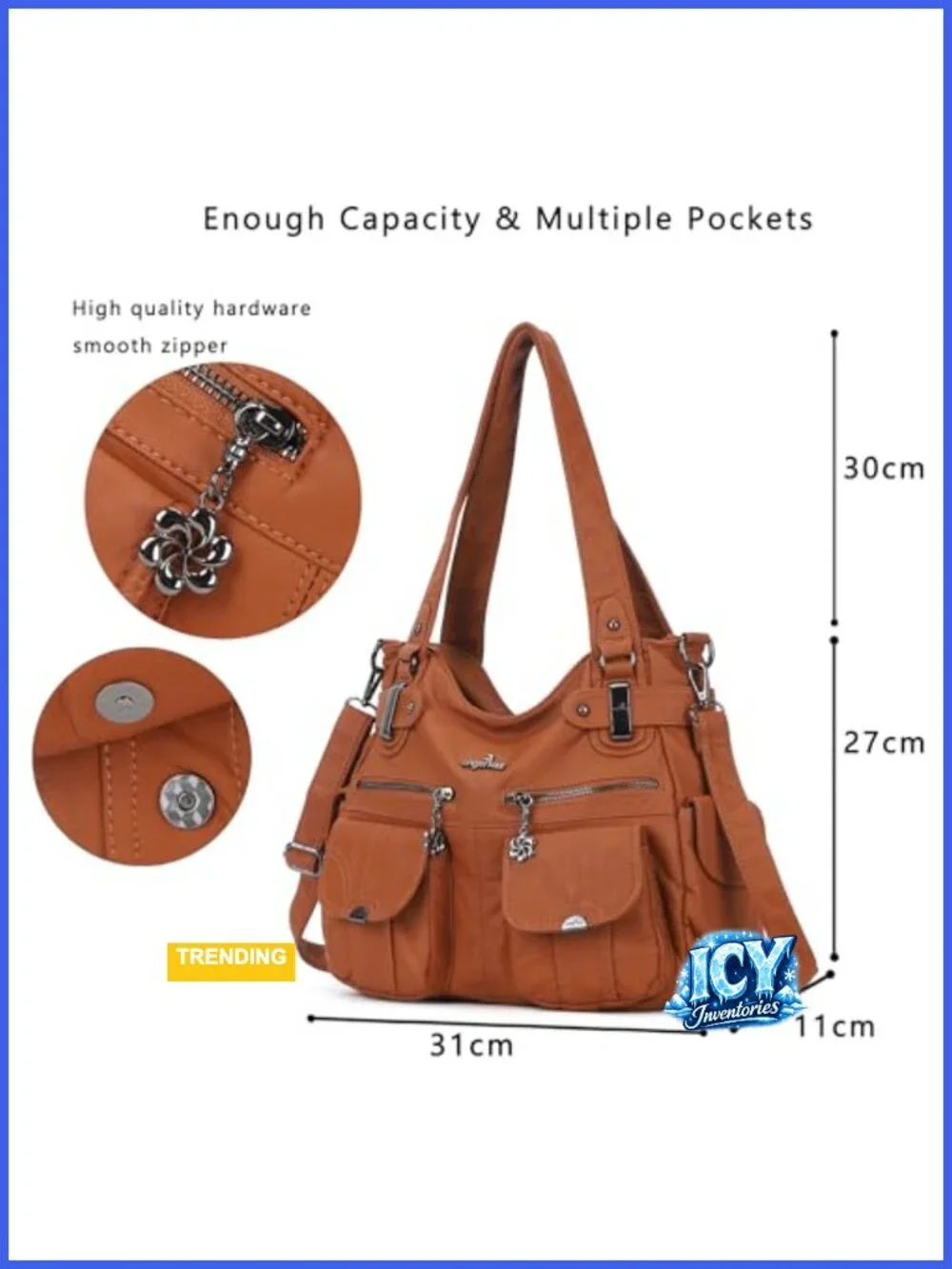 Large Washed PU Leather Hobo Shoulder Bag Double Zipper Multi Pocket